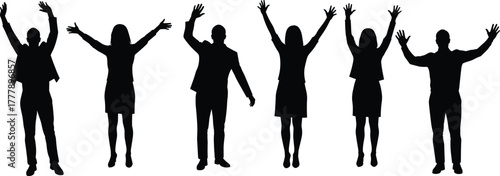 Silhouette people raising hands, teamwork celebration, unity pose, black figures, group success, diversity, business concept, abstract crowd, minimal style