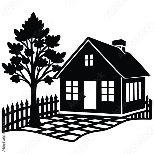 Quaint House Silhouette with Tree and Fence Vector Illustration on White Background