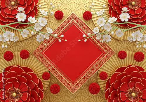 Christmas and New year background.Elegant 3D rendering of a Chinese New Year or Lunar New Year background with traditional decorative elements, including red and white flowers, golden fans