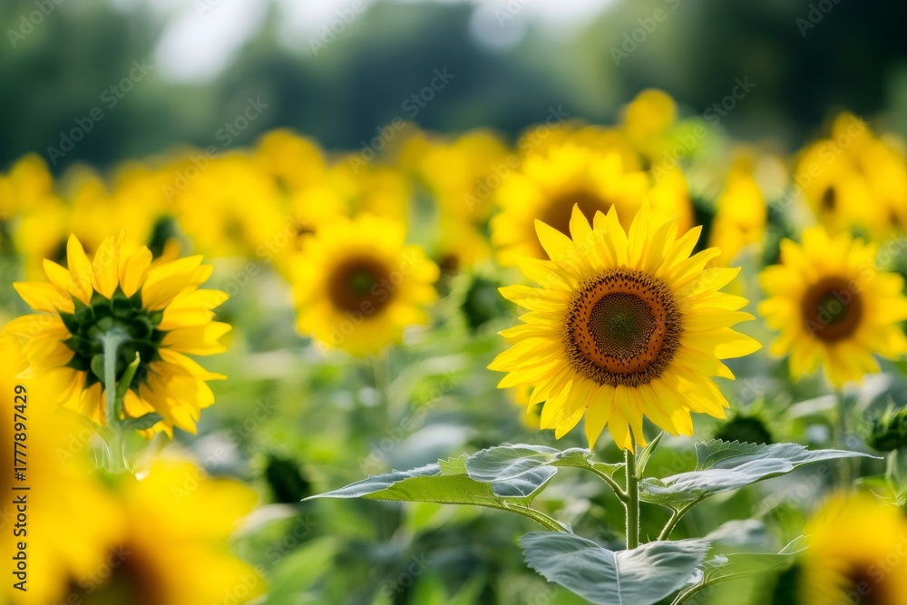 Fototapeta premium Sunflowers growing in a field under summer sky
