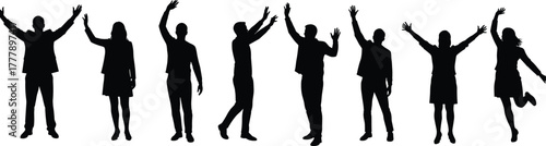Silhouette people, waving hands, jumping pose, human gesture, teamwork, unity, black figures, expressive stance, minimal style, white background