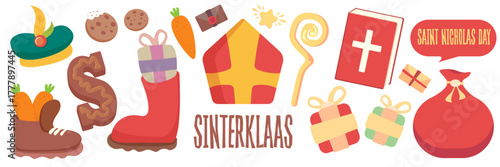 Sinterklaas and Saint Nicholas Day icons set vector illustration, traditional Dutch and Belgian holiday symbols, creative graphic art for greeting cards, invitations, and cultural event decorations