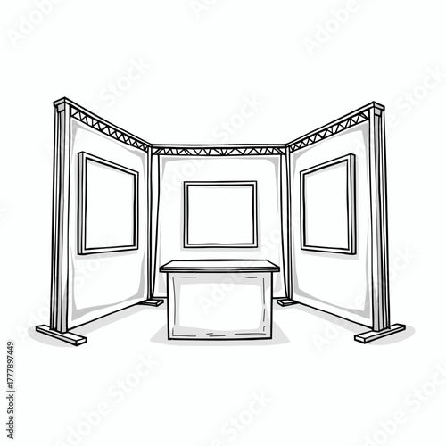 Exhibition booth design with frame and empty walls for artwork display  