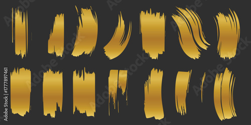 Abstract golden paint brush strokes collection for artistic design elements.