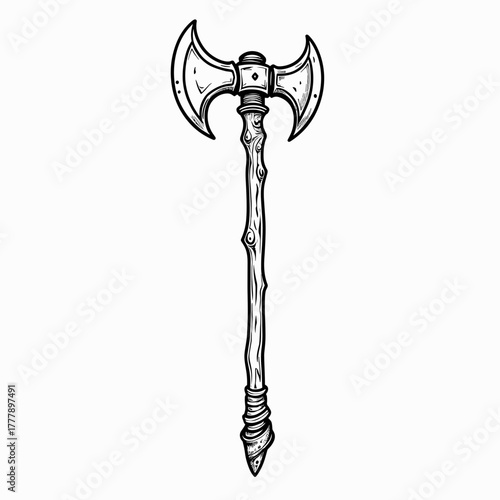 Double-headed axe designed with wooden handle and metal blades  