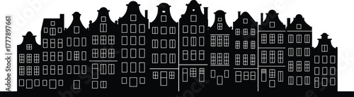 Silhouette, European buildings, Dutch architecture, canal houses, historic cityscape, urban skyline, gabled roofs, Amsterdam style, evening light, travel illustration