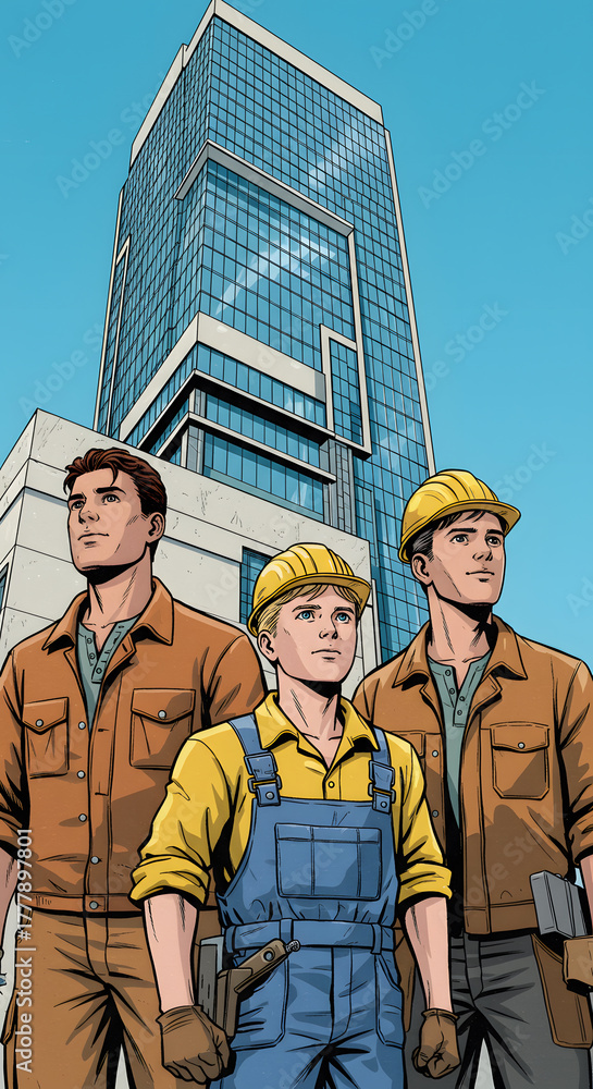 Fototapeta premium Young foremen are looking ahead with a building behind them