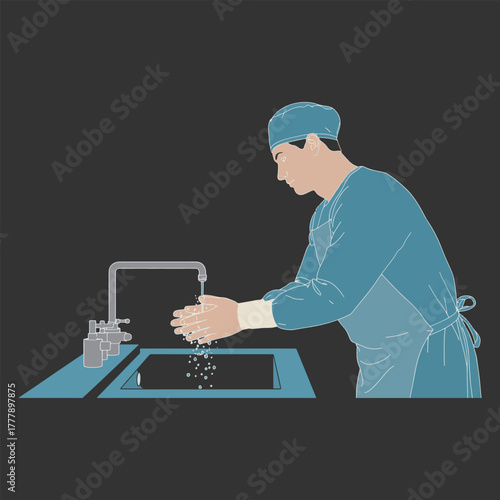 Surgeon in blue scrubs and cap washing hands under faucet in sink medical hygiene