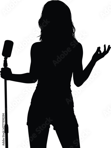 Silhouette, female performer, microphone stand, singing, speaking, stage presence, concert, entertainment, public speaking, gesture, shorts, sleeveless, dramatic pose