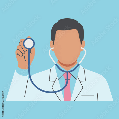 Male doctor in white coat holding stethoscope to ear on light blue background medical
