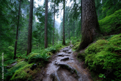 Exploring a lush forest trail on a misty morning in the heart of nature's beauty