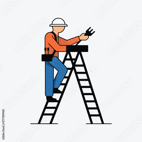 Construction worker in orange shirt blue pants white hard hat on ladder holding tool safety