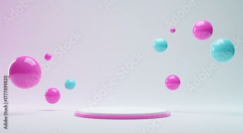 Minimalist 3D scene with floating spheres and product display platform in pink and blue tones