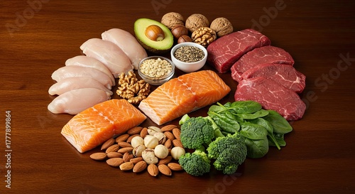 Nutrient-Rich Food Display Featuring Protein Sources and Healthy Fats and Greens