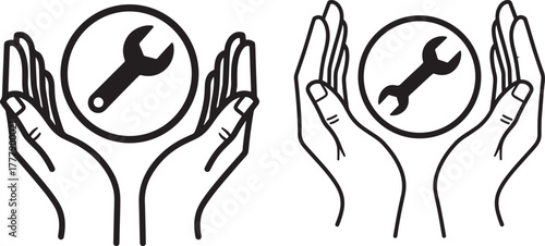 Hands holding wrenches in circles silhouette