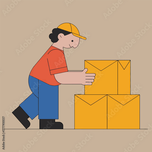 Cartoon delivery person in orange shirt blue pants yellow cap stacking yellow boxes illustration