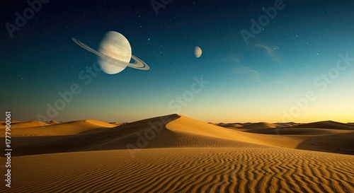 Surreal Desert Landscape with Saturn and Moon Against a Starry Sky at Twilight