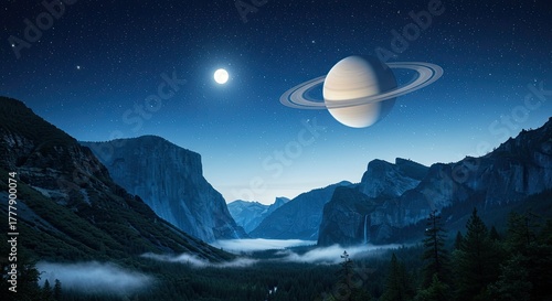Surreal Mountain Landscape at Night with Saturn and Moon Creating a Dreamy Atmosphere