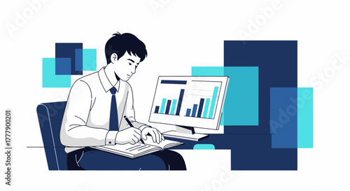 A Businessman Analyzing Financial Data and Taking Notes Utilizing Modern Technology