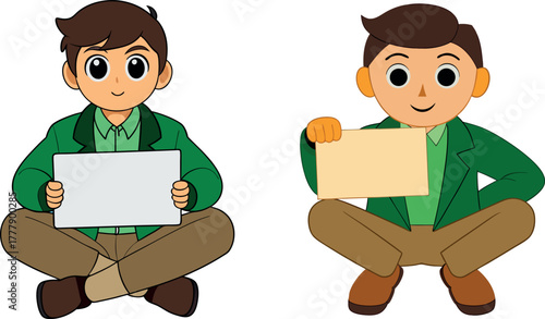  boy with blank poster, cartoon protest sign, awareness board illustration, character holding message board, advertising poster boy, social concept art, campaign message vector, communication artwork,