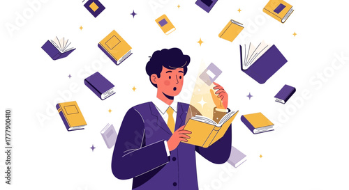 A Person's Joyful Reaction When Discovering New Knowledge From Reading Books And Ideas