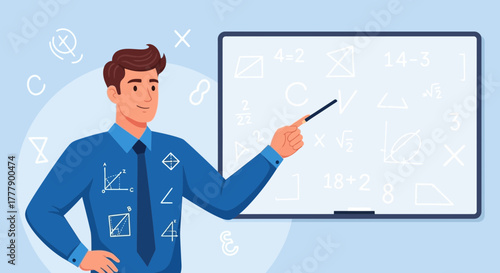 A Teacher Presenting Geometric Shapes and Equations on a Whiteboard Using a Pointer