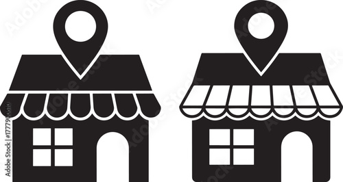 Two store location pin icons silhouette