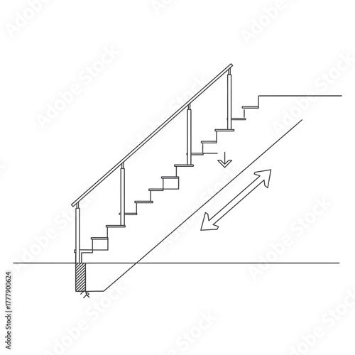 A detailed architectural line drawing illustrates the structural design of a modern staircase with a handrail, complete with essential dimensional arrows for construction.