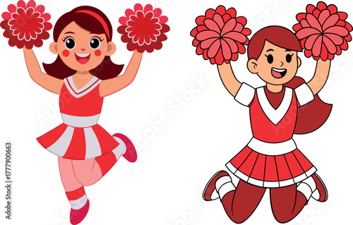 cheerleader girls cartoon, sports spirit illustration, cute cheer girl vector, pom pom girl artwork, team celebration design, dancing cheerleaders art, youthful activity cartoon, female sports spirit 