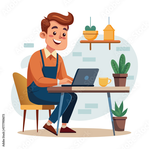 Business man and woman working on laptops in an office cartoon illustration