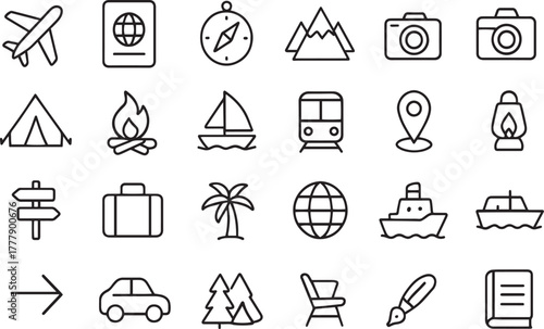Travel and adventure line icons set for journey and vacation concepts