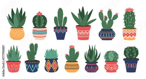 Assortment of Potted Cacti and Succulents with Colorful, Decorated Pots, Ideal for Indoor Decor or Botanical Illustration Projects.