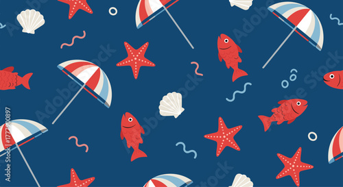 A vibrant, playful pattern featuring red fish, starfish, beach umbrellas, and seashells on a deep blue background, perfect for summer designs.