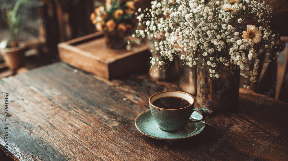 Naklejka premium A steaming cup of coffee rests on a wooden table next to fresh flowers creating a warm atmosphere.