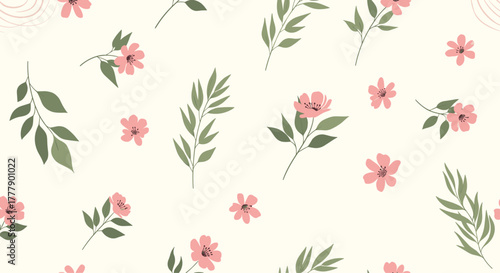 Delicate floral pattern featuring stylized pink flowers and green foliage scattered on a soft, light beige background, creating a whimsical effect.