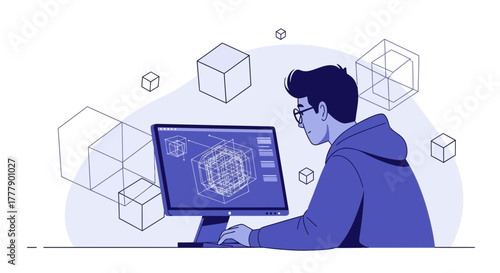Architect Working on 3D Modeling Design of Architectural Blueprints on Computer Screen