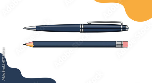 A dark blue ballpoint pen and a matching pencil with a pink eraser lie horizontally on a white background.