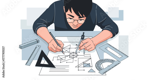 Architect Working on Architectural Plan with Compass and Geometric Shapes