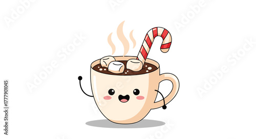 Cute kawaii hot chocolate mug with marshmallows and candy cane waving hello.