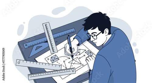 Architect Working on Blueprints and Drafting Designs with Rulers and Accessories