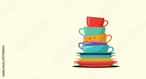 A colorful stack of cups and saucers against a light-yellow background.