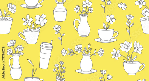 Pattern of white flowers in various vases and cups on a yellow background.
