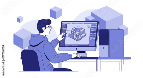 Architectural Visualization Designer Working On CAD Software Using Computer Modern Design Vector