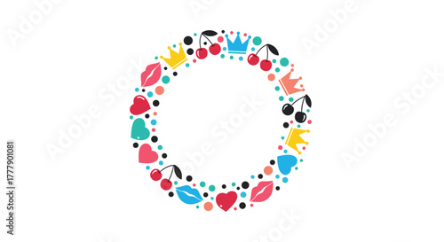 A circular frame of colorful graphic icons including hearts, crowns, lips, and cherries on a white background.