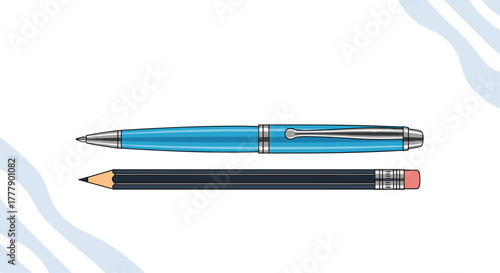 Illustration of a blue ballpoint pen resting above a graphite pencil with eraser on a white background with light blue shapes.
