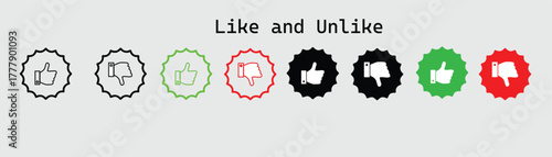 Thumbs up and down rating icon vector set. perfect for user feedback, social media, or opinion polls. featuring outline and filled styles in multiple colors.