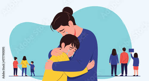 A mother comforts her crying child as other people watch from a distance.