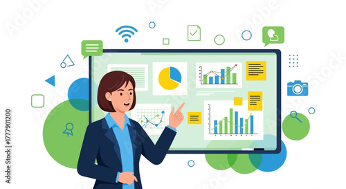 Business Presentation: A Woman Explains Data Analysis Using Diagrams and Charts Presentation