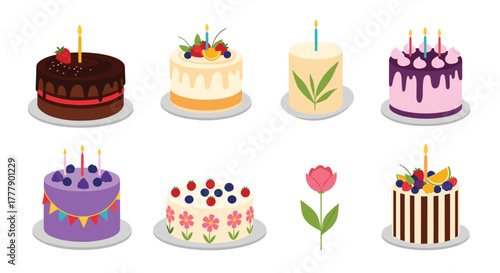 Collection of colorful birthday cakes and a tulip illustration, perfect for designing birthday cards, party invitations, or social media posts.