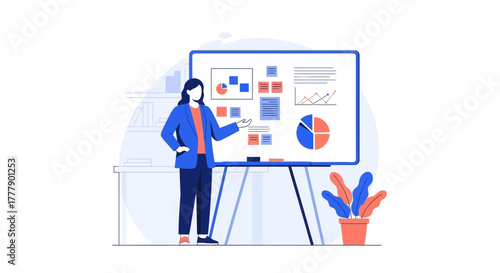 Business Presentation: A Woman Presenting Strategic Charts and Insightful Data Analysis